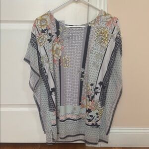 Gray Boxy Blouse with Relaxed Fit and Floral Embroidery